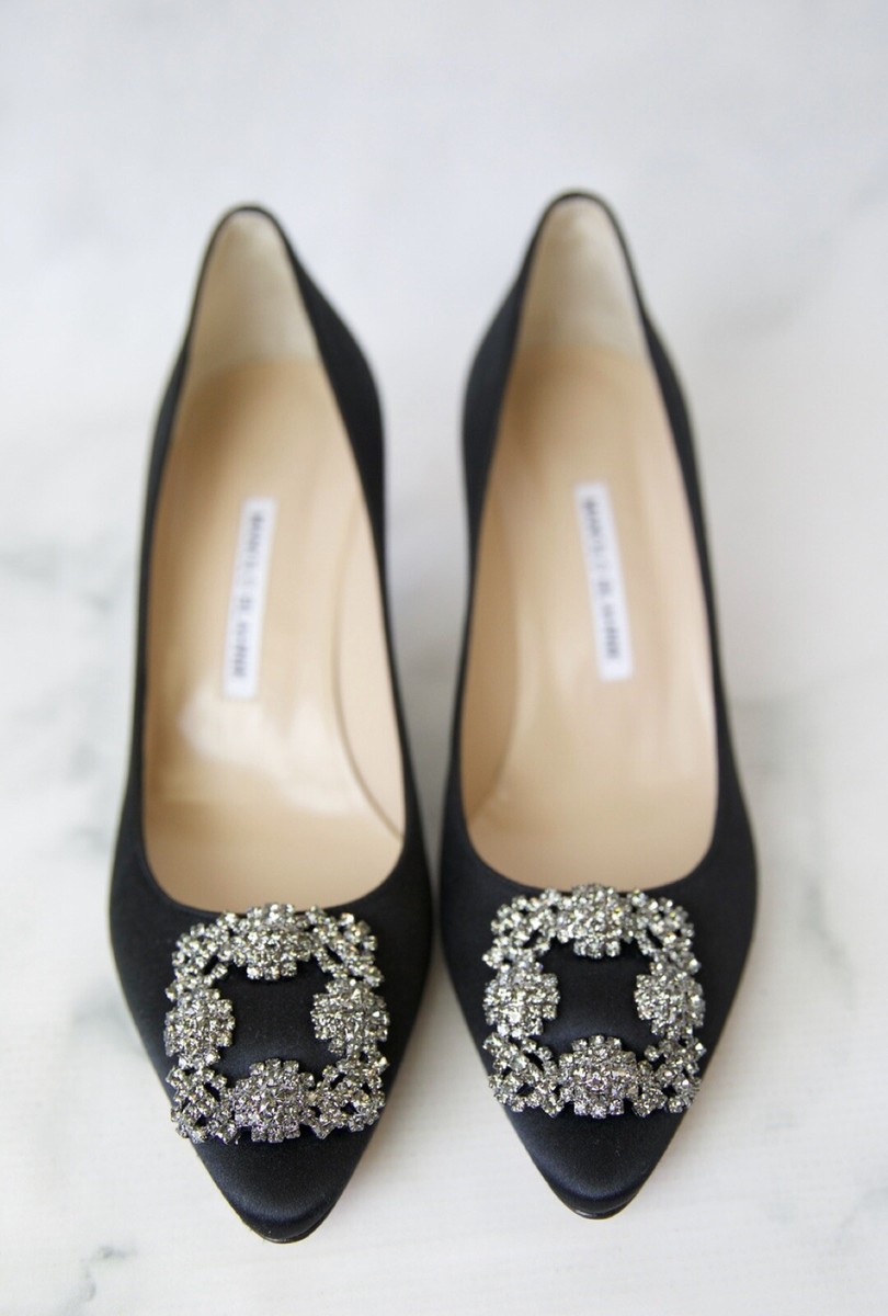 NIB Manolo Blahnik Hangisi 70 Satin Jewel Buckle Black Pumps | eBay