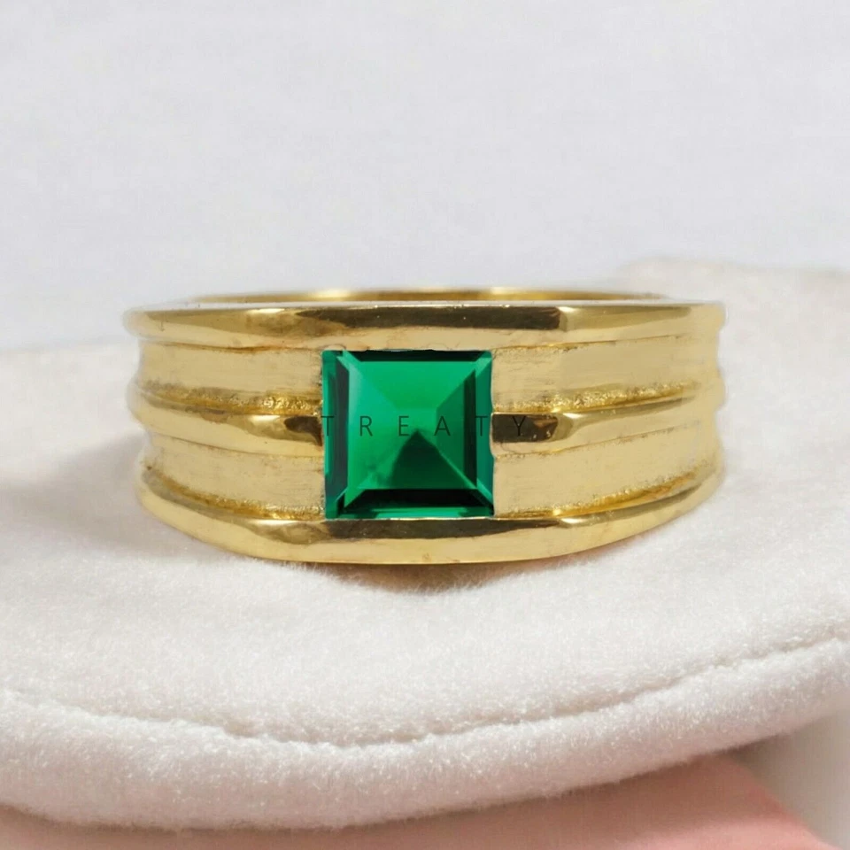 Anillo enchapado en oro de plata de ley 925 de corte cuadrado esmeralda para hombre #949 Foto 2 de 4