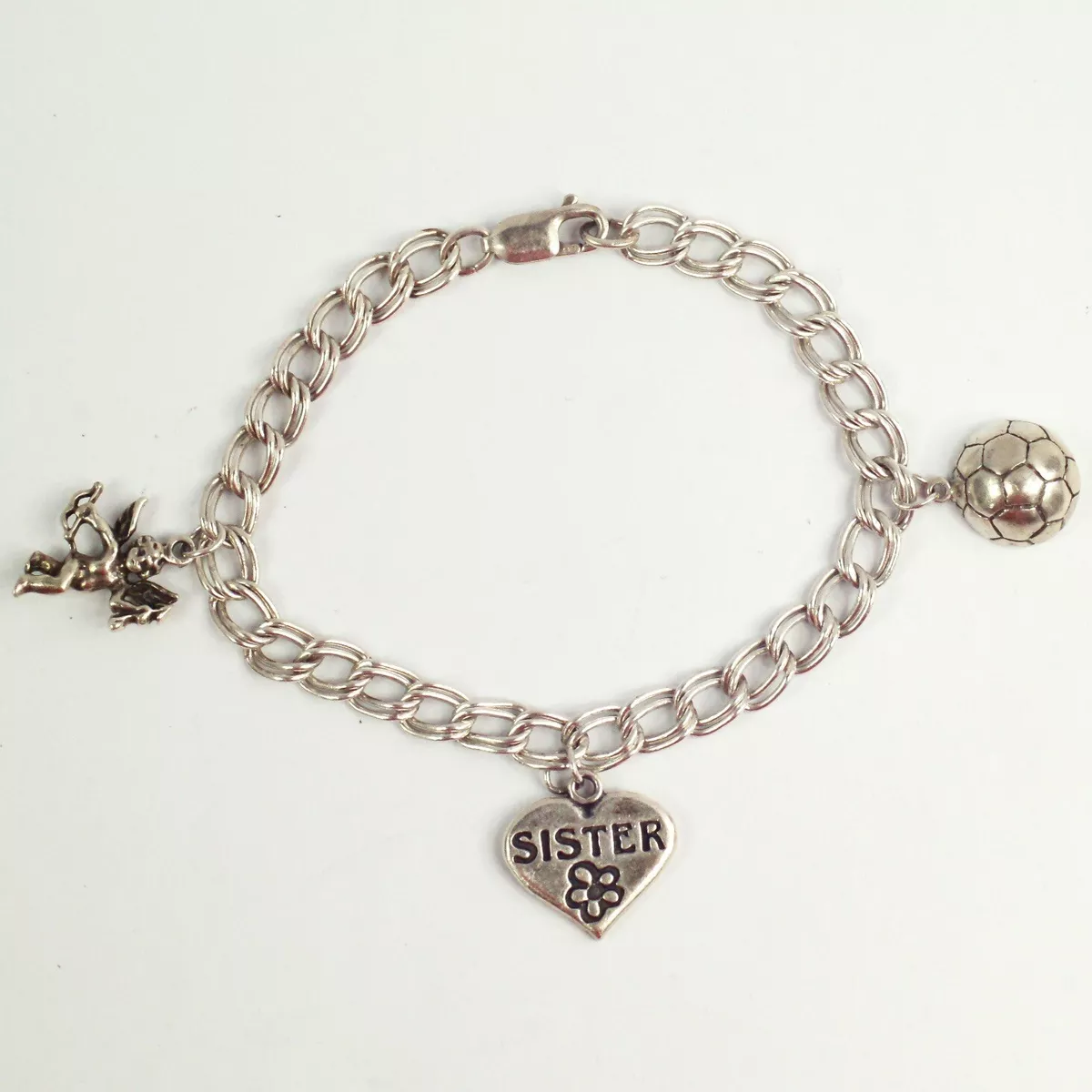 Sterling silver double link charm bracelet heart sister Cupid
