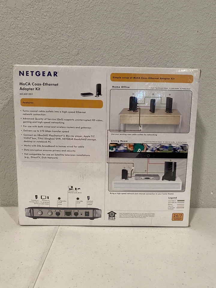 MoCA Coax Ethernet Adapter Kit MCAB1001 Netgear AV Series 270 Mbps New Sealed - Image 4 of 4