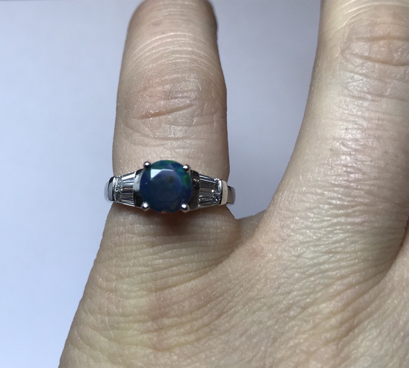 UNIQUE PLATINUM DIAMOND ROUND CUT ETHIOPIAN BLACK FIRE OPAL ENGAGEMENT RING SZ 6 image 7