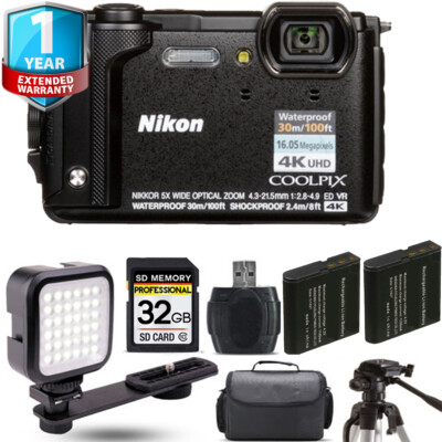Nikon COOLPIX W300 Camera (Black) + Extra Battery + LED +1 Yr