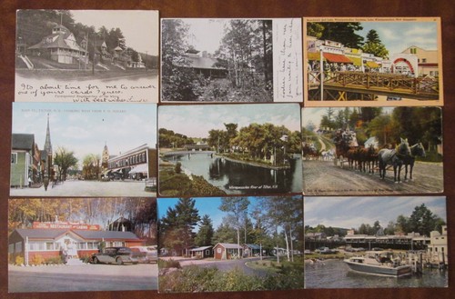 9 N.H. Postcards - WEIRs ENCAMPMENT / CAMP at THREE MILE ISLAND / TALLY HO STAGE