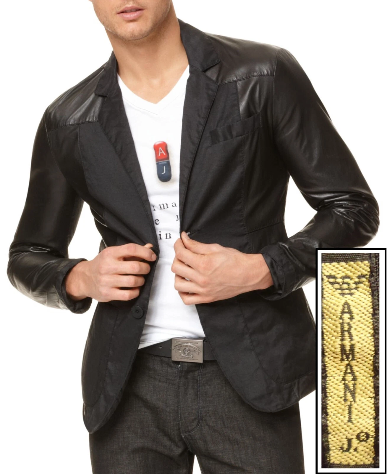 NWT Armani Jeans Extra Slim Fit Black Leather & Linen Jacket Size XL Blazer