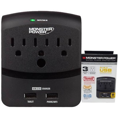 Monster 121864-00 MP EXP 350 USB EF 3 Outlet + 2 USB Wall Surge Protector Black