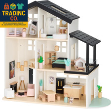 Pretend Play Wooden Doll House with 40 Interactive Accessories, 3-Story Modern T