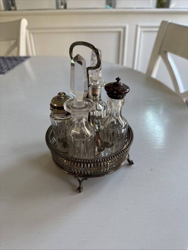 Antique Condiment Salt Pepper Shaker Set Two-Piece Glass, Silver Plated