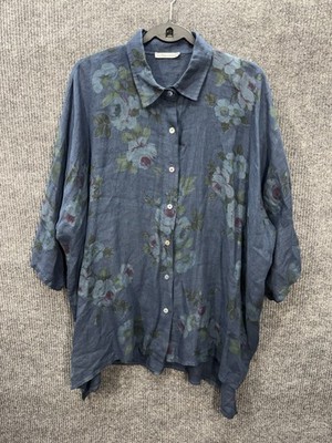Miss Rose Sister Violet Top Womens OS Blue Floral Linen Button Front Teddy Tunic