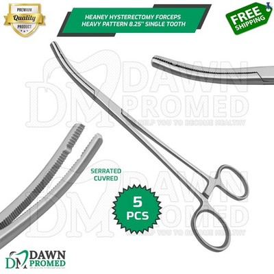5 Heaney Hysterectomy Forceps Curved 8.5'' Single Tooth OB/GYN Inst German Grade