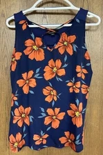 Fortune + Ivy Tank Top Womens Large Floral Tropical Hawaiian Blue Stretch