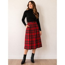 Lands End Red Tartan Plaid Wool Midi Skirt Made in Scotland Vintage A-Line 28W