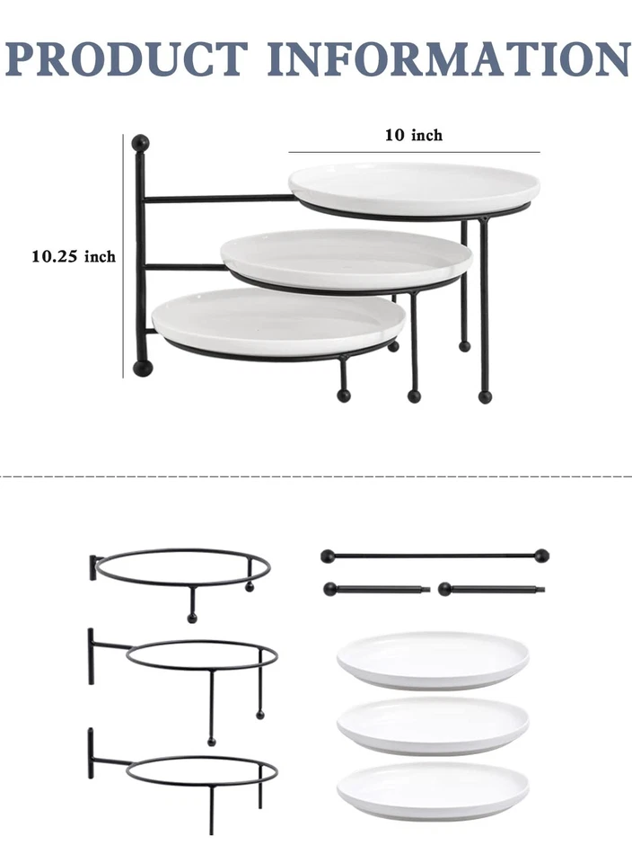 3 Tiered Serving Stand with White Porcelain Plates, 10" Round Tray, dessert t... - Image 2 of 4