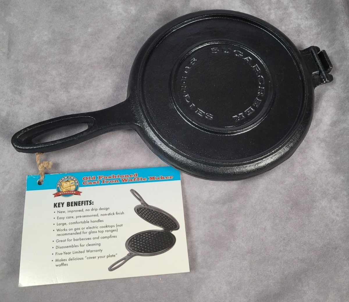 Sugarette Supply Cast Iron Waffle Maker Stovetop Double Sided Pre Seasoned