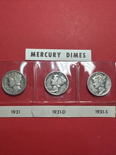 1931- P D & S BU 10C Mercury Dimes Trio Brilliant Set 90% Silver