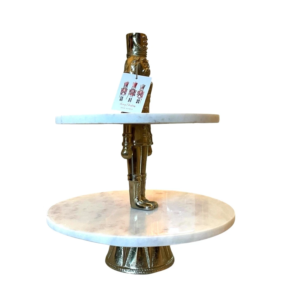 Marble Gold Metal NUTCRACKER Two-Tiered Serving Stand 16in Christmas Holiday NEW - Image 4 of 4