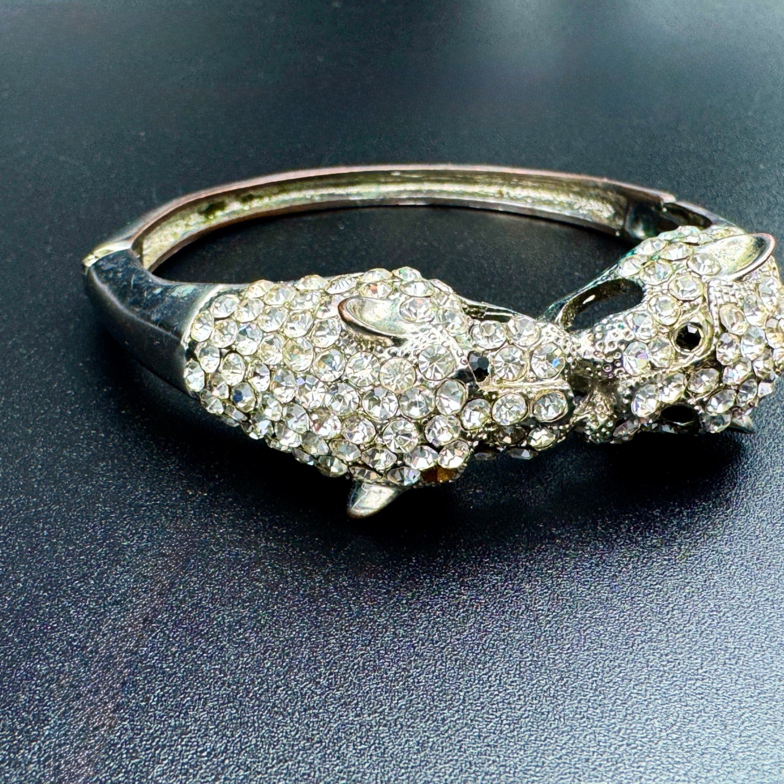 Double Leopard Head Rhinestone Statement Bracelet… - image 2