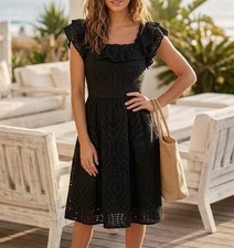 RYEGRASS Eyelet Ruffle Sleeve Fit & Flare Cotton Lined Black Dress L