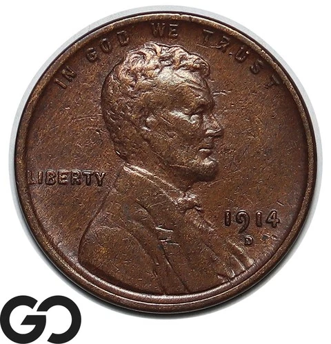 1914-D Lincoln Cent Wheat Penny, Key Date Denver Mint Issue, Choice AU++