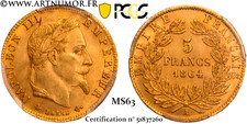 Napoléon III - 5 Francs Or, tête laurée 1864 A Paris | PCGS MS63