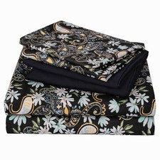JSD Black Paisley Floral Printed Sheet Set King Size 6 Piece, Soft Pattern Micro