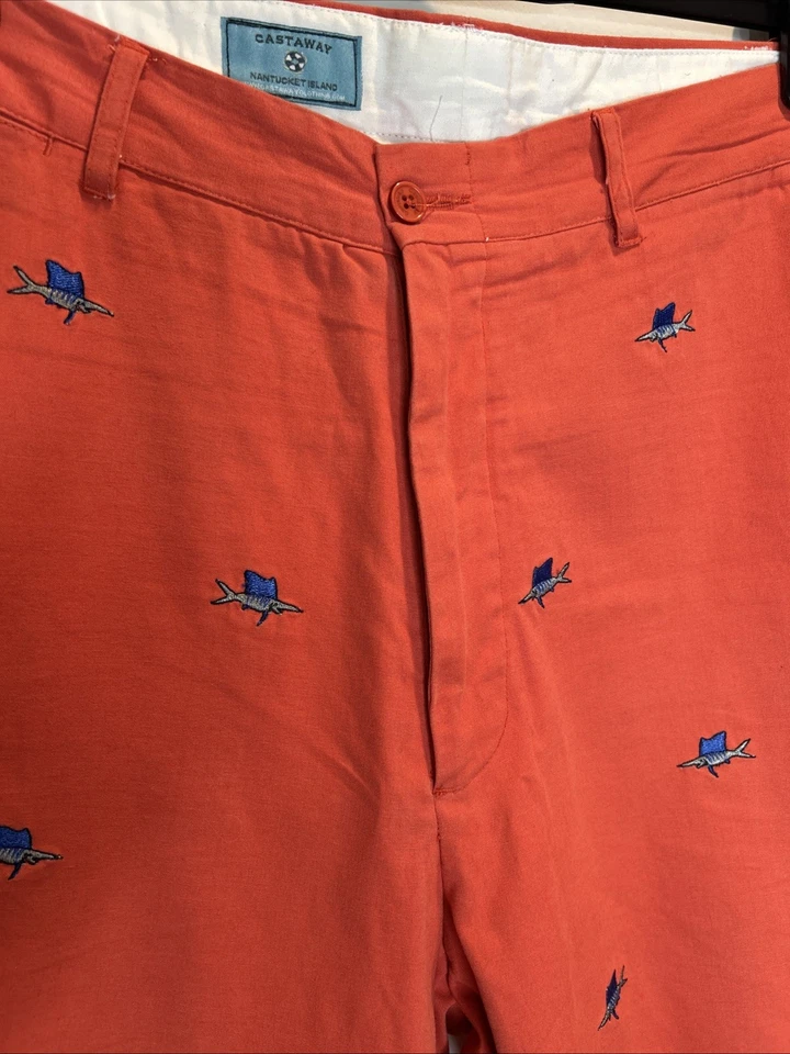 Castaway Nantucket Men’s 100% Linen Embroidered Fish Shorts Coral Size 40 - Image 4 of 4