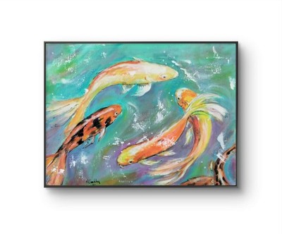 Original 9 x 12 Expressionism Colorful Koi Fish Canvas Wall Art Acrylic Painting