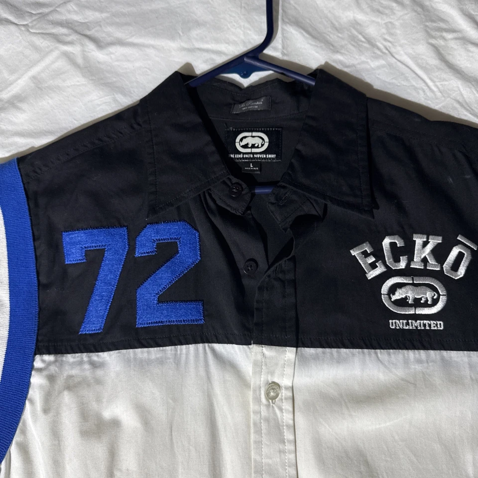 Vintage Y2K Ecko Unltd The Ranson White/Blue Button Short Sleeve Woven Shirt L - Image 2 of 4