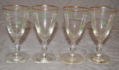 Vintage Shamrock Cordial Glasses Set of 4 Green Clover Gold Rim 4.25'' Ireland