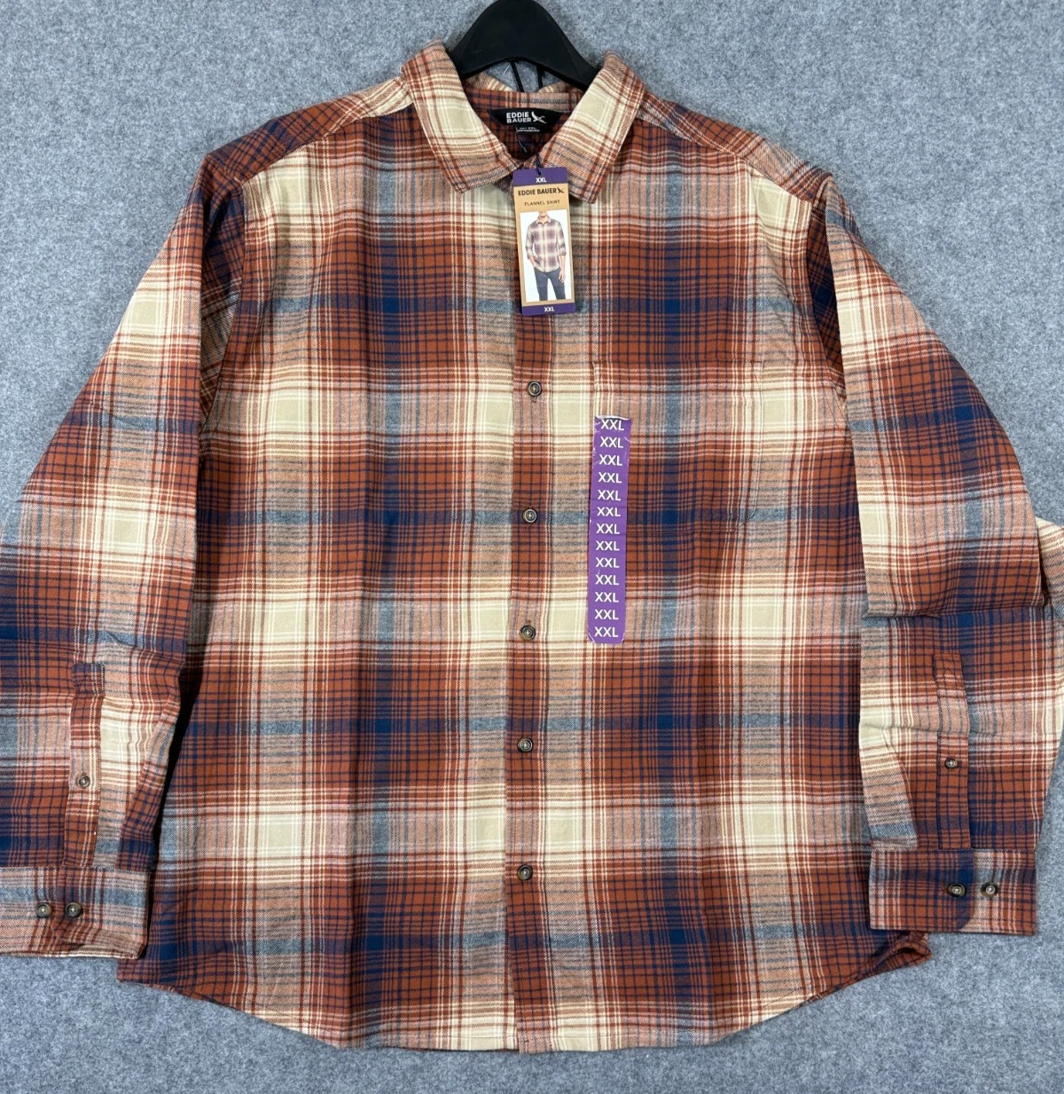 Eddie Bauer Flannel Shirt Mens 2XL Brown Blue Plaid Button-Up Long Sleeve NWT
