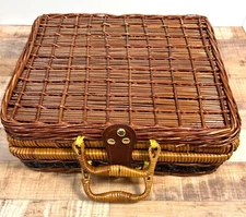 Vintage Woven Rattan Picnic Basket With Leather Clasp And Wrapped Handles