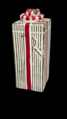 1962 NAPCO Tall Striped Presents Gifts Bows Salt Pepper Shakers White Gold Red - Picture 3 of 12