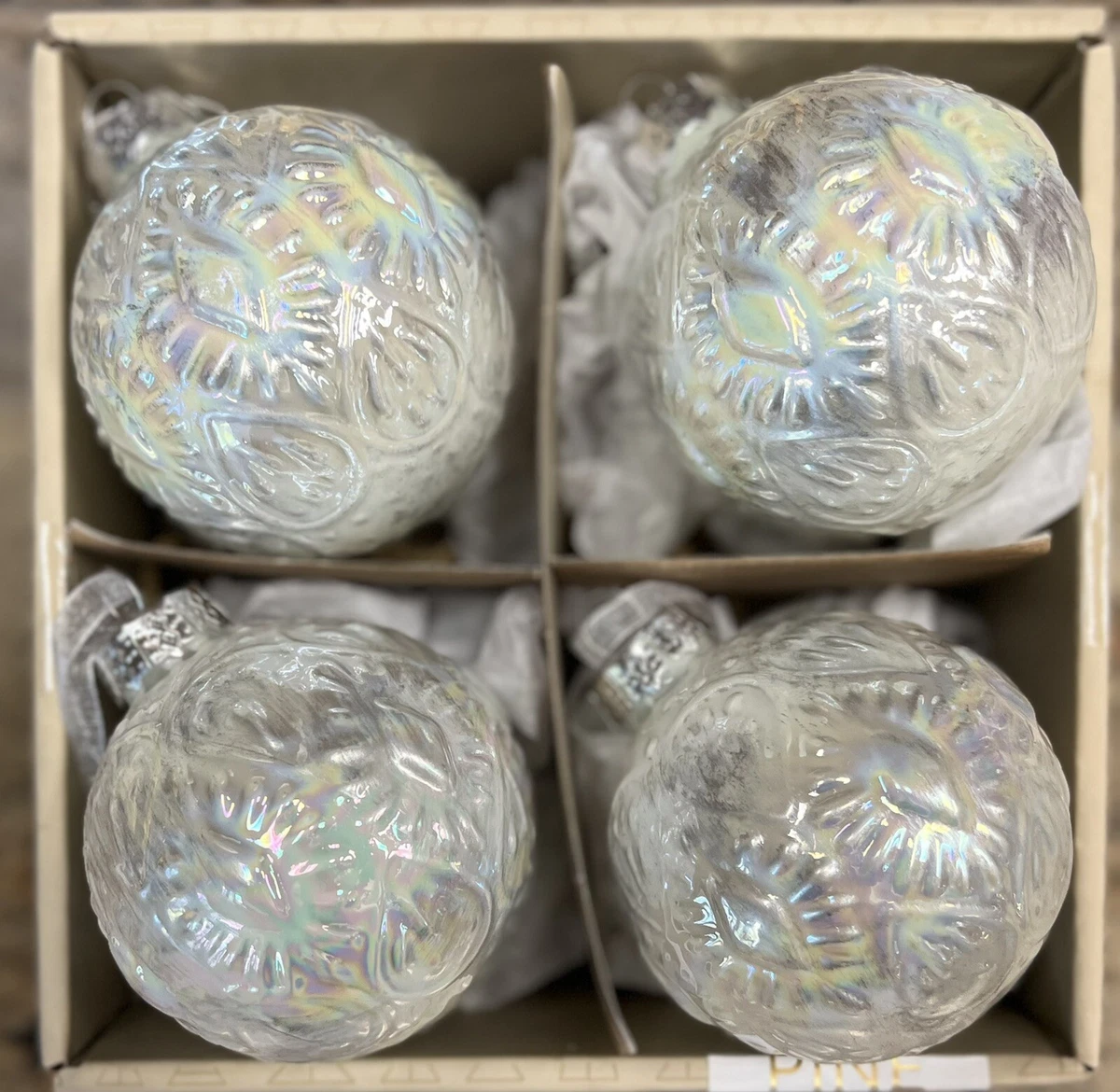 34th Pine White Pearl Iridescent Beveled Glass Christmas Ornaments 3 Set Of 4