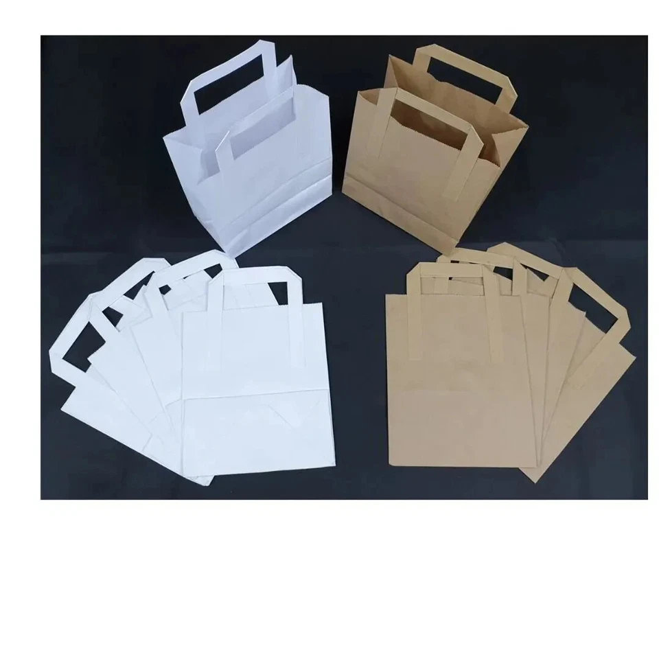 Brown & White Kraft Paper Bags SOS Food Carrier Bags With Handles Party Takeaway - Image 2 of 4