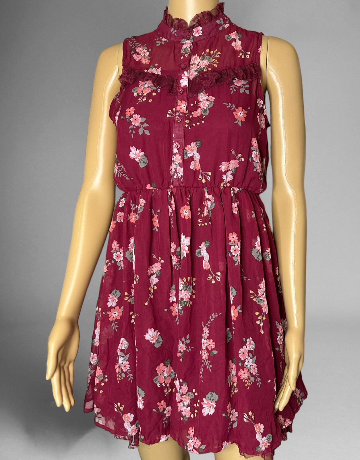 Beautees Boho Dress S Small Maroon Floral Layered Lace Lined Sleeveless Pleated