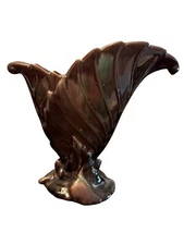 Vintage Royal Haeger Hickman R301 USA Brown Green Double Leaf Fan Vase 9"