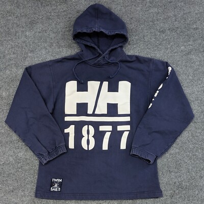 VTG Helly Hansen Hoodie Mens M Blue 1877 Twin Sails Sea Gear USA Pullover Rare