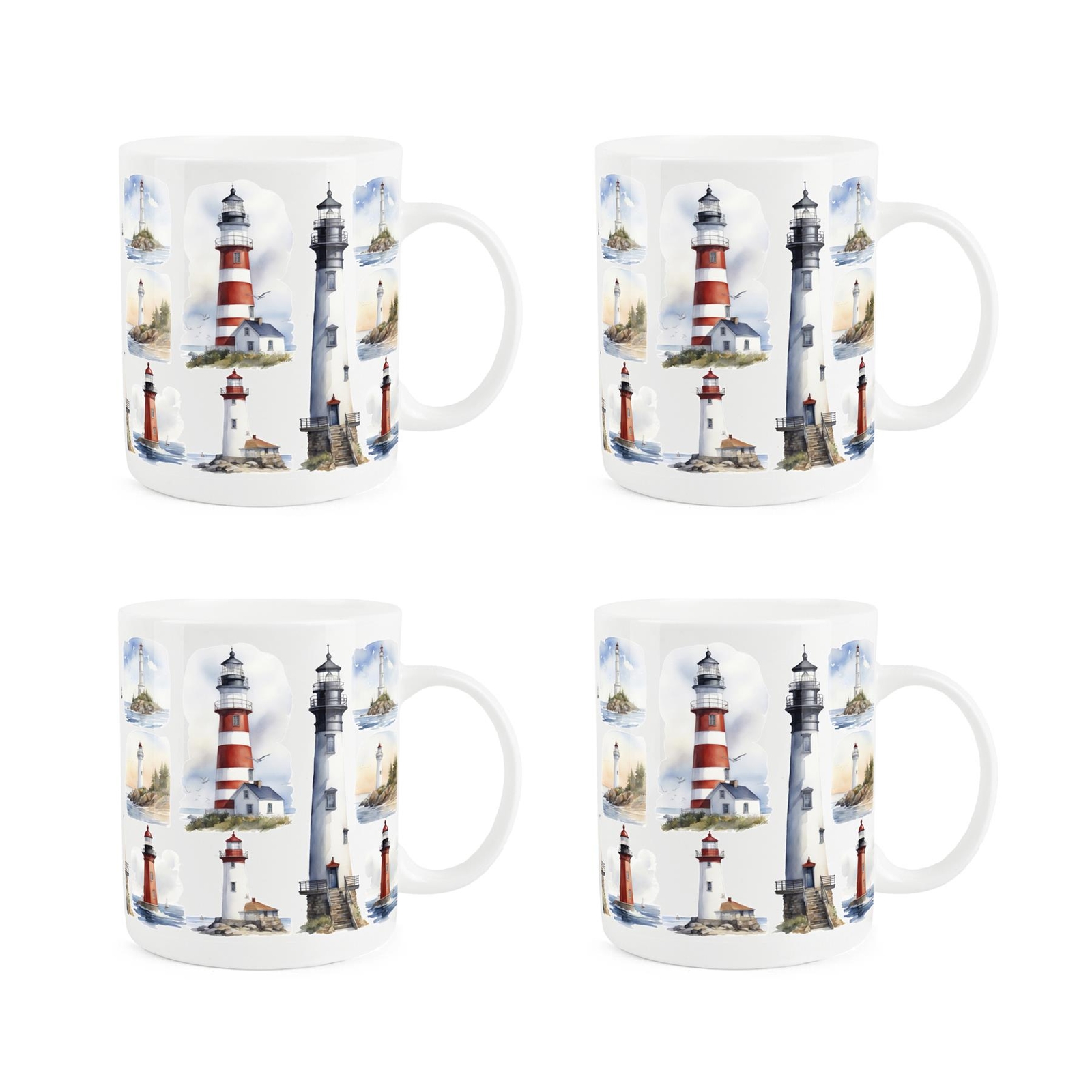 Lighthouse Mugs - Sailing Boating Coastal Gift/Present - Bone China Cup Set of 4