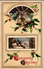 Christmas Greetings, Bells Holly Snow John Winsch Embossed Vintage Postcard N74
