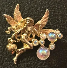 Rare Kirk’s Folly Fairy/Angel  w/ Aurora Borealis Crystal Balls & Heart Brooch