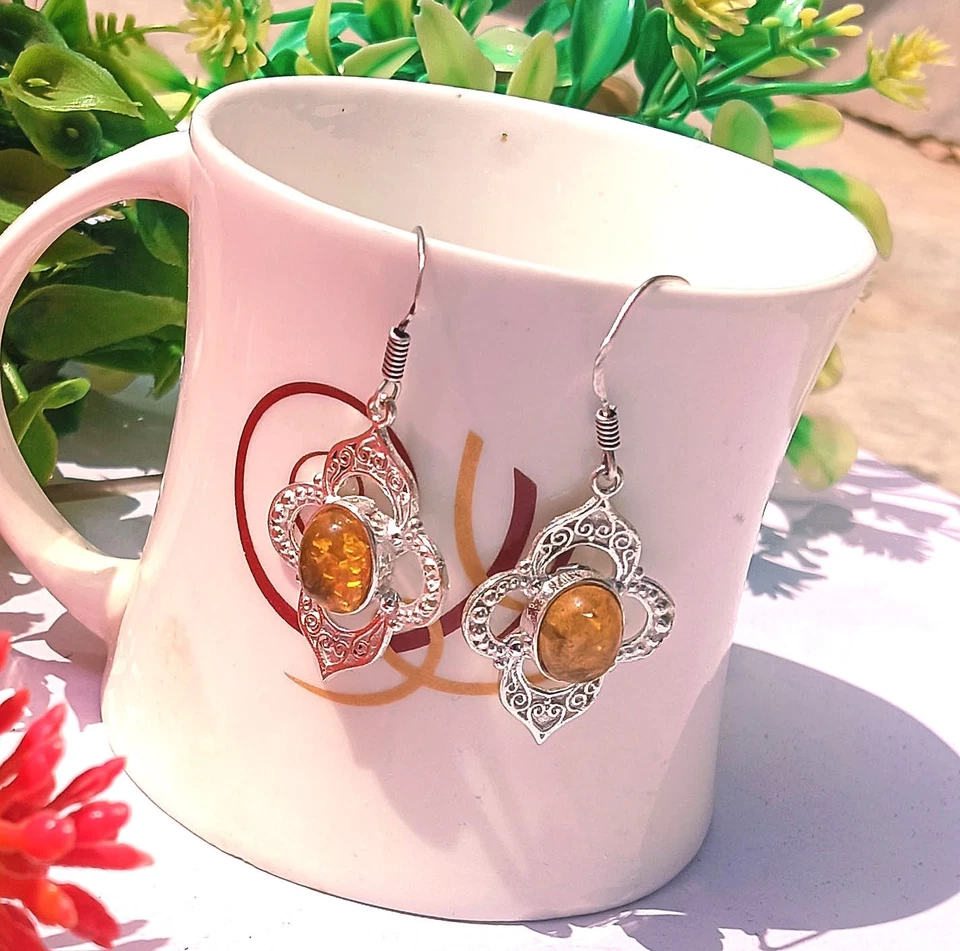 925 Sterling Silver Plated Baltic Amber Gemstone Earring Birthday gift Jewelry - Image 3 of 4