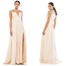 Mac Duggal Cream Beaded Cap Sleeve V Neck A Line Slit Formal Gown 16