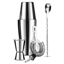 6-Piece Stainless Steel Cocktail Shaker Set with Jigger, Strainer, Spoon, and Po