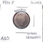 1901 PHILADELPHIA BARBER SILVER DIME IN ABOUT GOOD CONDITION (WORN LEGENDS).