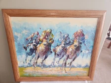 Original Oil Painting Horse Racing Signed A. Vecchio – Framed Impressionist...