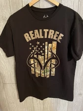 REALTREE Size M Men’s T-shirt Black With CAMOUFLAGE Flag & Antlers ~  EUC