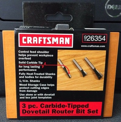 Craftsman 26354 3 Piece Carbide Tipped Dovetail Router Bit Set 1/4'' Shank
