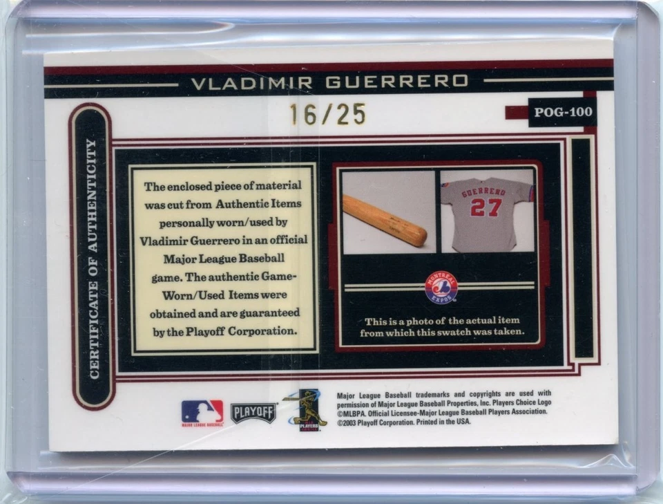 Pieza del juego Playoff 2003 platino #/25 Vladimir Guerrero #POG-100 GU parche Foto 2 de 2