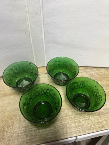 Vintage Anchor Hocking Sandwich Forest Green Sm Footed Dessert Bowl ~ Set of 4