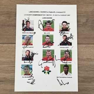 Lancashire CCC 2007 Autograph Sheet Signed x 11 Flintoff Muralitharan etc