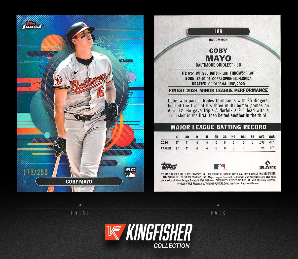 Coby Mayo 2025 Topps Finest Uncommon Sky Blue Refractor /250 Rookie RC #188